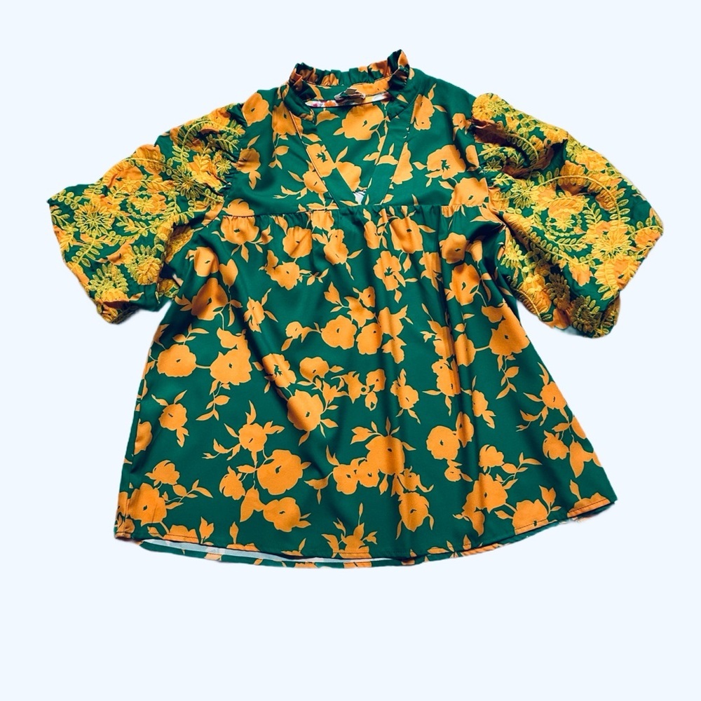 Umgee Green Orange Floral Embroidered Puff Sleeve Blouse size S - Picture 7 of 9